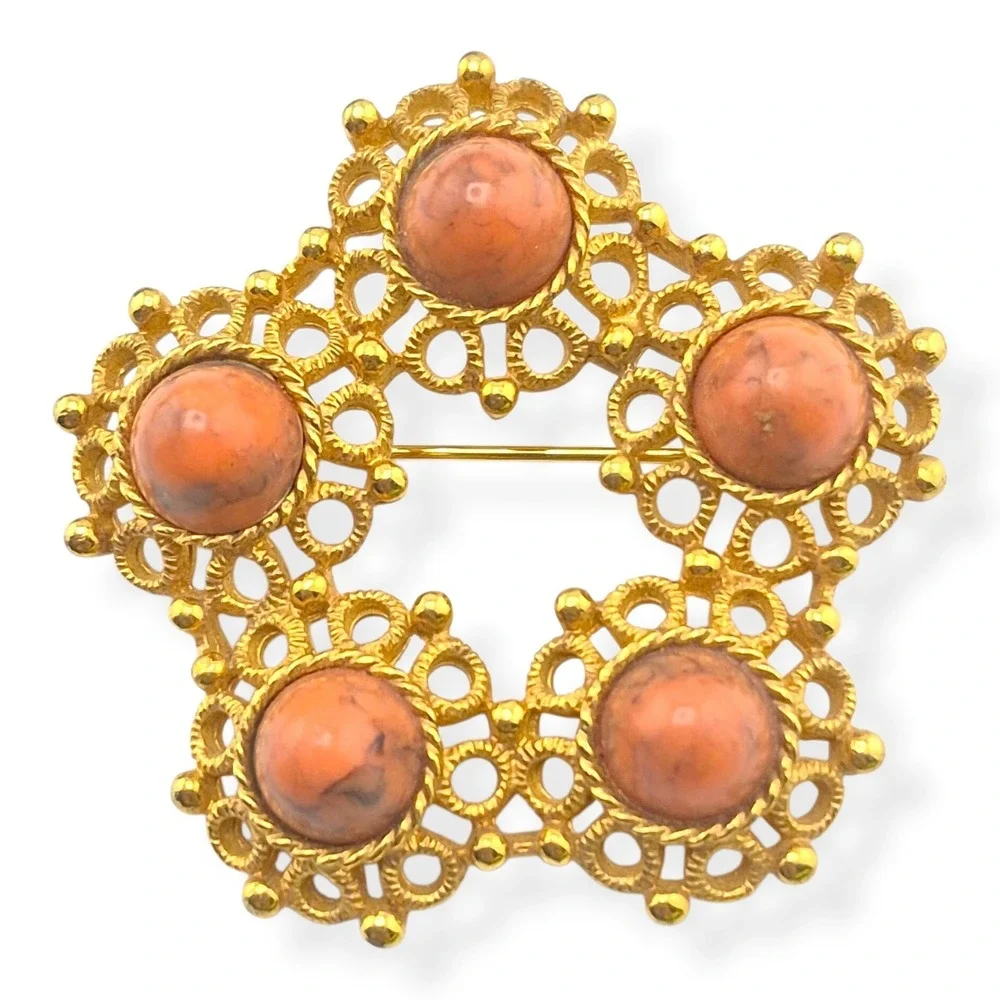 Vintage Sarah Coventry Valencia Brooch & Earrings Set 1970s Faux Coral Gold Tone